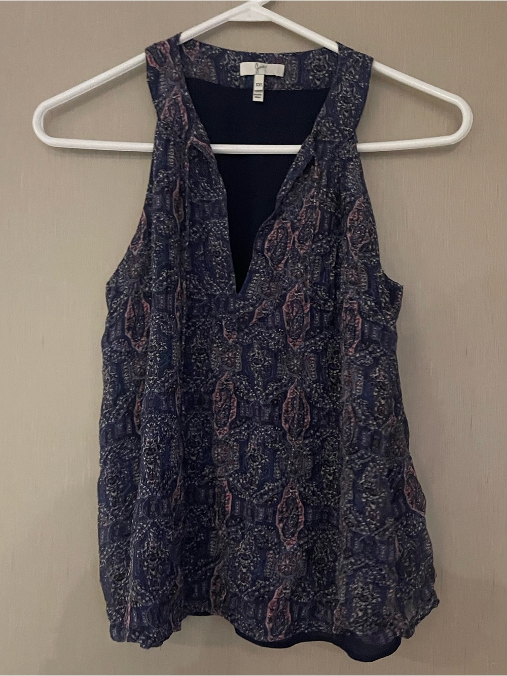 Joie xxs Sleeveless Printed V-Neck Women's Top Navy purple pink silk mix